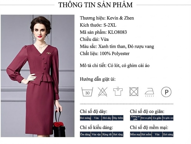 Váy liền thân Nữ Vạt Giả Hai Lớp Cổ chữ V Màu Đỏ Rượu Vang chi tiết 18