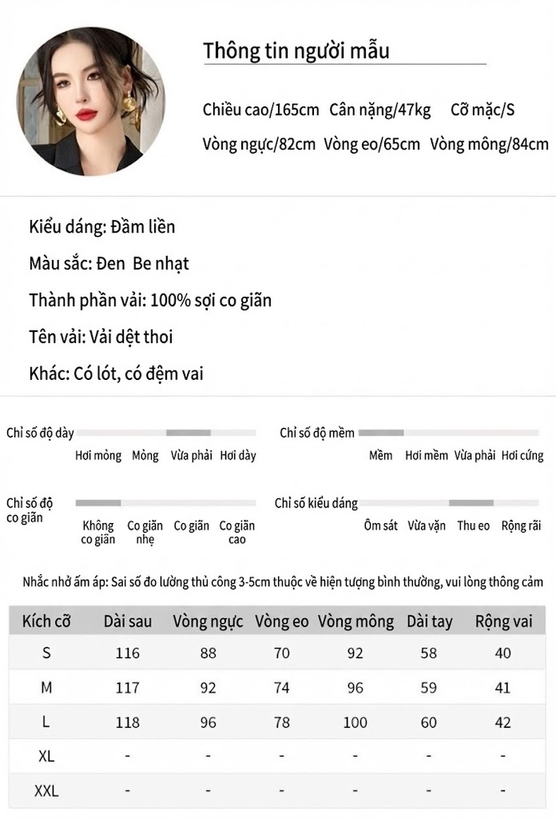 Váy Ôm Body Nữ Cổ chữ Vest Tay Dài Hai Hàng Cúc Phong Cách Quý Cô Màu Đen, Trắng Kem chi tiết 2