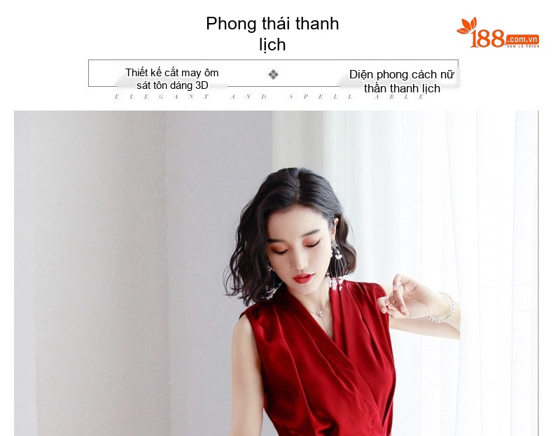Váy liền thân Nữ Không Tay Cổ chữ V Phong Cách Pháp A Kèm Đai Chất Vải Axetat Cao Cấp Màu Đỏ, Đen chi tiết 3