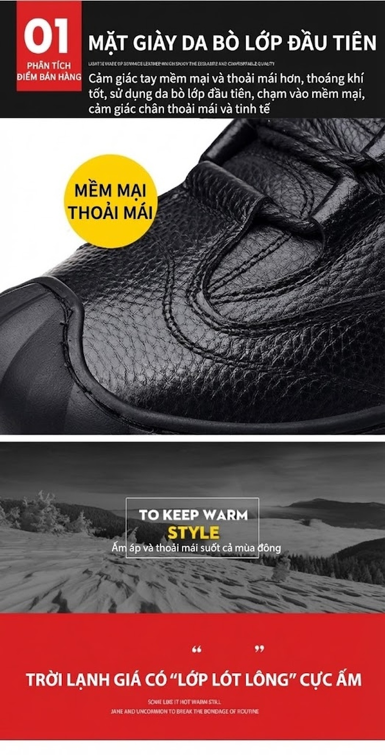 Giày Boot Nam Cao Cổ Da Mờ Lót Lông Ấm Áp Chiều Cao Đế Khoảng 3cm Màu Đen chi tiết 7