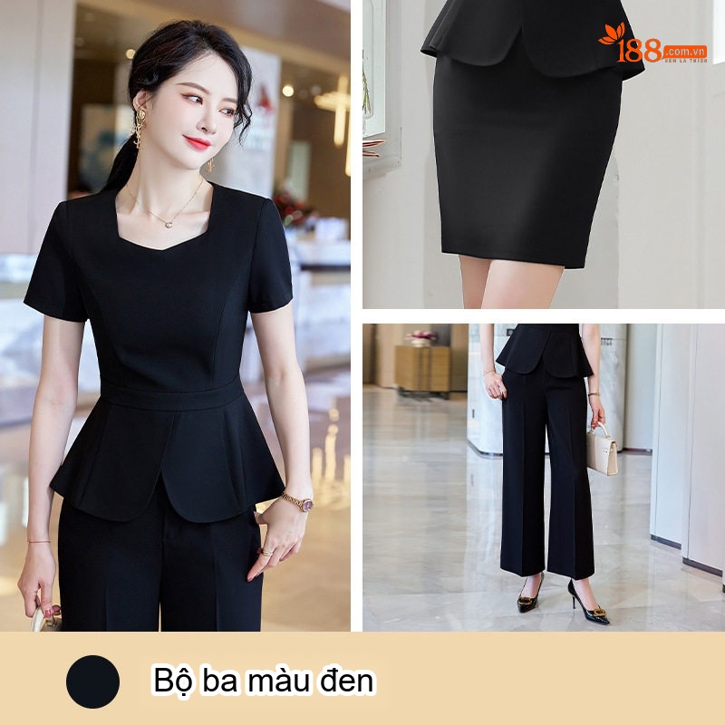 Bộ Set Áo Peplum Quần Ống Rộng Công Sở Thanh Lịch Màu Đen, Xanh Navy