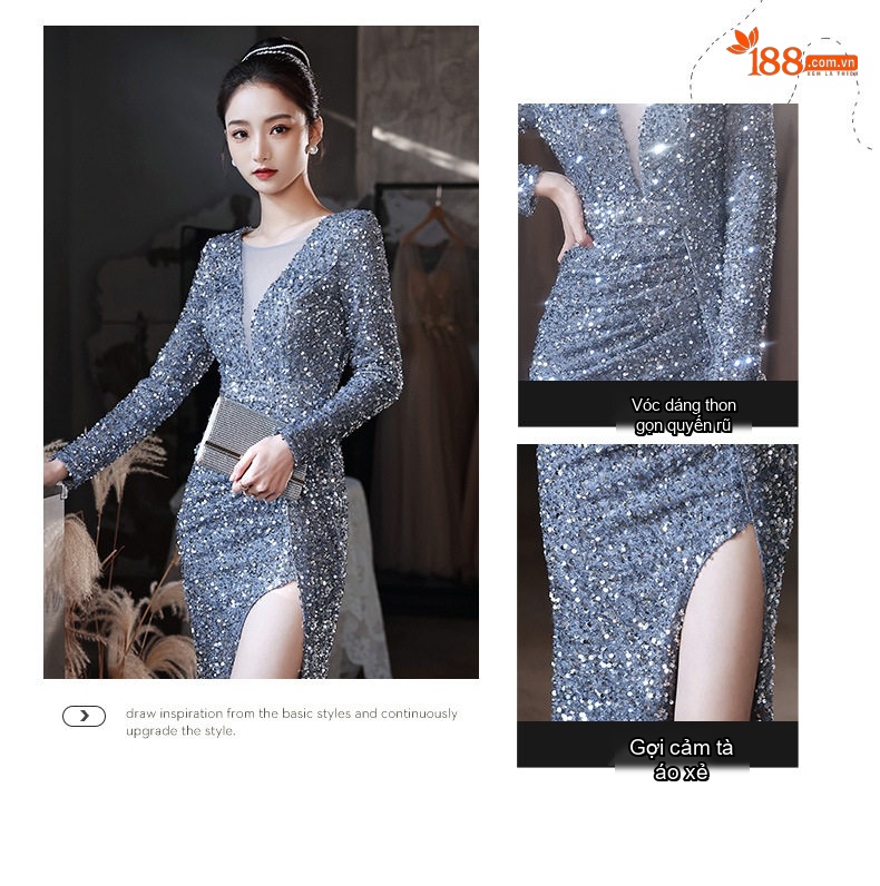 Đầm Dạ Hội Nữ Lấp Lánh Xẻ Tà Dáng Dài Tay Dài Màu Bạc, Vàng Đồng chi tiết 5