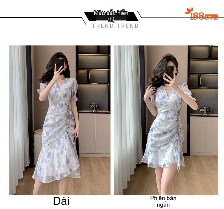 Váy Xòe Nữ Voan Hoa Nhí Tay Ngắn Cổ chữ V Chân Váy Bèo Nhún Eo Thun Dáng Ngắn Màu Trắng Xanh chi tiết 8