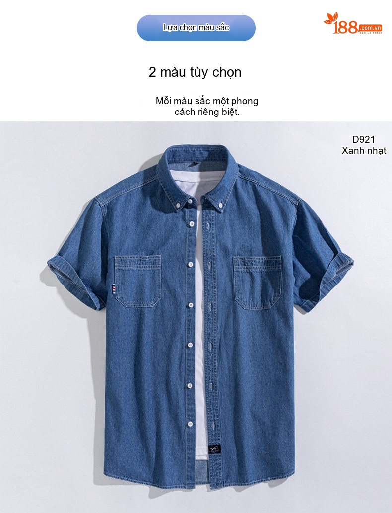 Áo Sơ Mi Tay Ngắn Cotton Denim Nam Phong Cách Hàn Quốc Màu Xanh Dương Nhạt, Xanh Dương Đậm chi tiết 4