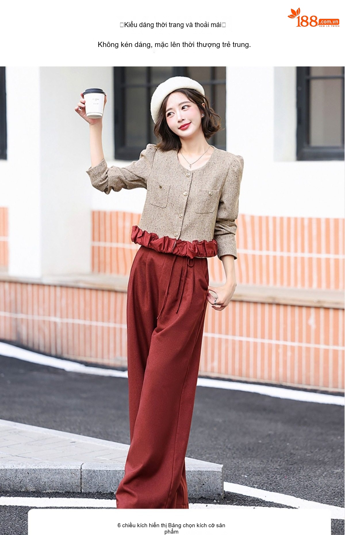 Set Bộ Tiểu Thư Áo Khoác Quần Ống Rộng Phong Cách Hàn Quốc Màu Nâu, Đỏ chi tiết 9