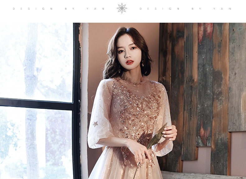 Váy Dự Tiệc Dáng Dài Tay Lỡ Màu Hồng Phấn, Be chi tiết 13