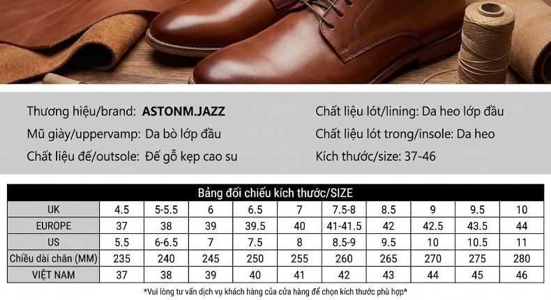Giày Tây Buộc Dây Nam Da Bò Ba Mảnh Chiều Cao Đế Khoảng 3cm Màu Đen, Nâu chi tiết 4