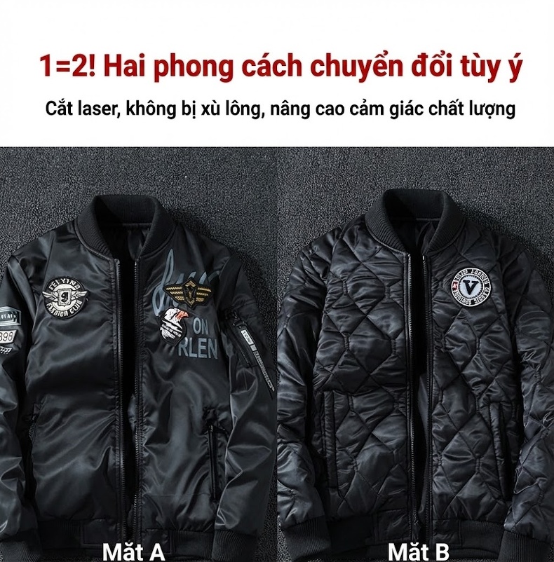 Áo Khoác Bomber Nam Thời Trang Thu Đông Áo Phi Công Lót Bông Màu Đen, Xanh Navy, Xanh Rêu chi tiết 4