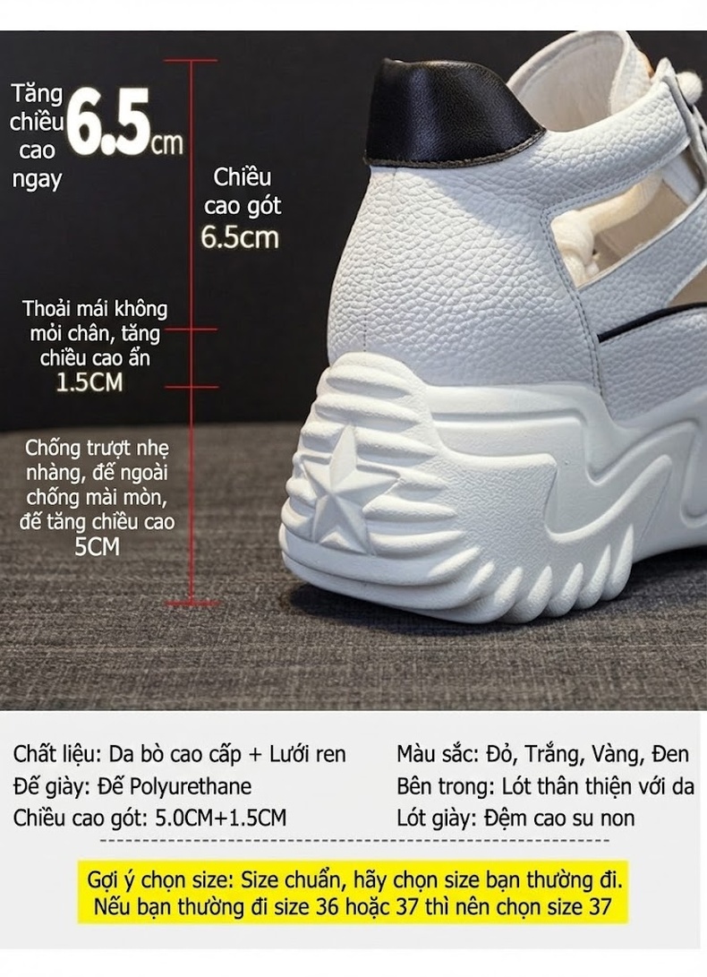 Giày Sneaker Nữ Da Thật Lưới Thoáng Khí Chiều Cao Đế Khoảng 5cm Màu Trắng, Đen, Nâu, Đỏ... chi tiết 11