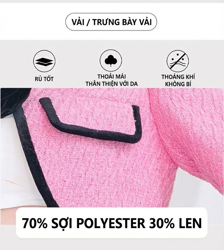 Áo Khoác Lửng Tay Lông Đà Điểu Viền Nhung Túi Giả Hoa Hồng Thiết Kế Mới Màu Hồng, Đen chi tiết 4