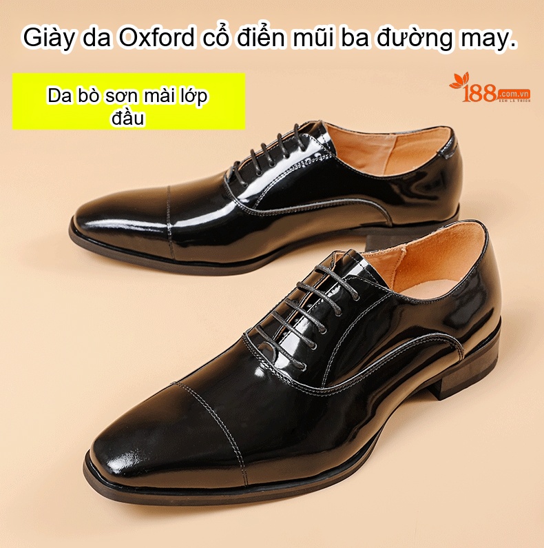 Giày Tây Oxford Nam Da Thật Kiểu Thủ Công Chiều Cao Đế Khoảng 3cm Màu Đen chi tiết 1