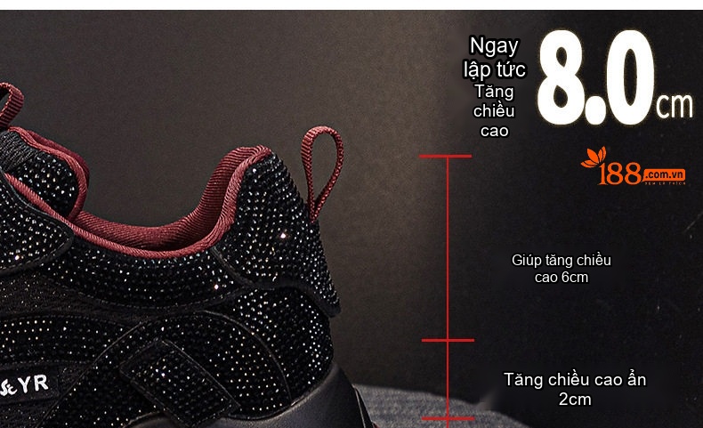 Giày Thể Thao Nữ Đính Đá Chiều Cao Đế Khoảng 5cm Phong Cách Ulzzang Màu Đen, Xám, Đỏ chi tiết 7