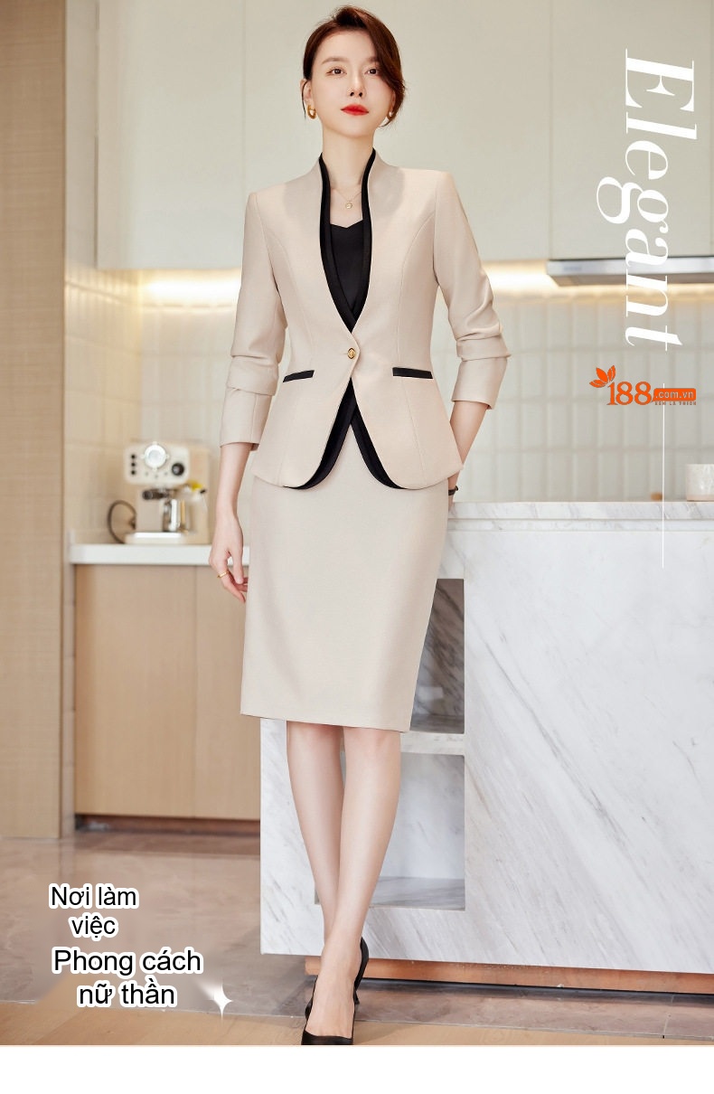 Áo Vest Bộ Chân Váy Công Sở Nữ Dáng Ôm Không Cổ Thiết Kế Giả Hai Lớp Màu Be, Đen chi tiết 2