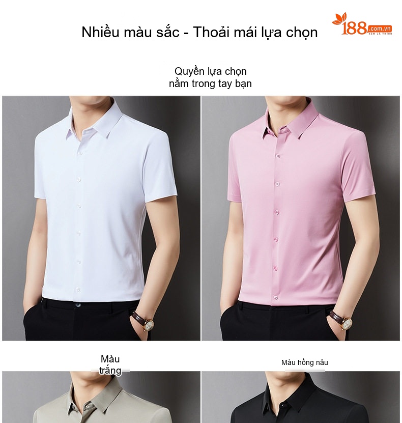 Áo Sơ Mi Nam Tay Ngắn Tơ Tằm Mùa Hè, Chống Nhăn, Dễ Phối Đồ Màu Hồng, Trắng, Xám, Đỏ... chi tiết 6