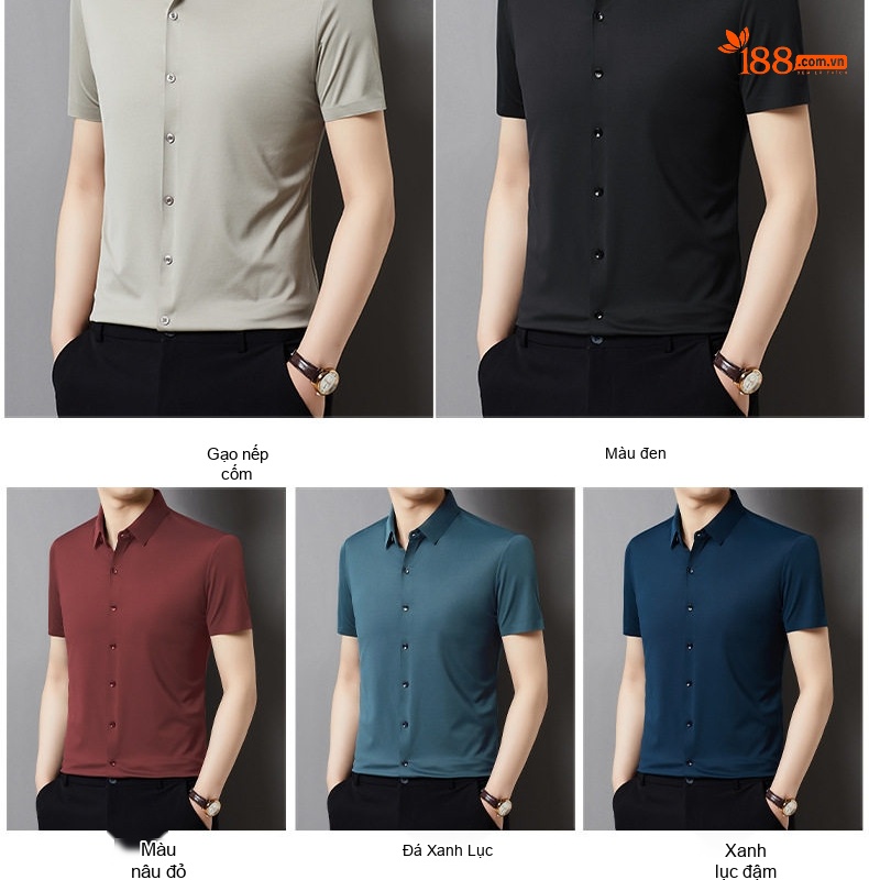 Áo Sơ Mi Nam Tay Ngắn Tơ Tằm Mùa Hè, Chống Nhăn, Dễ Phối Đồ Màu Hồng, Trắng, Xám, Đỏ... chi tiết 7
