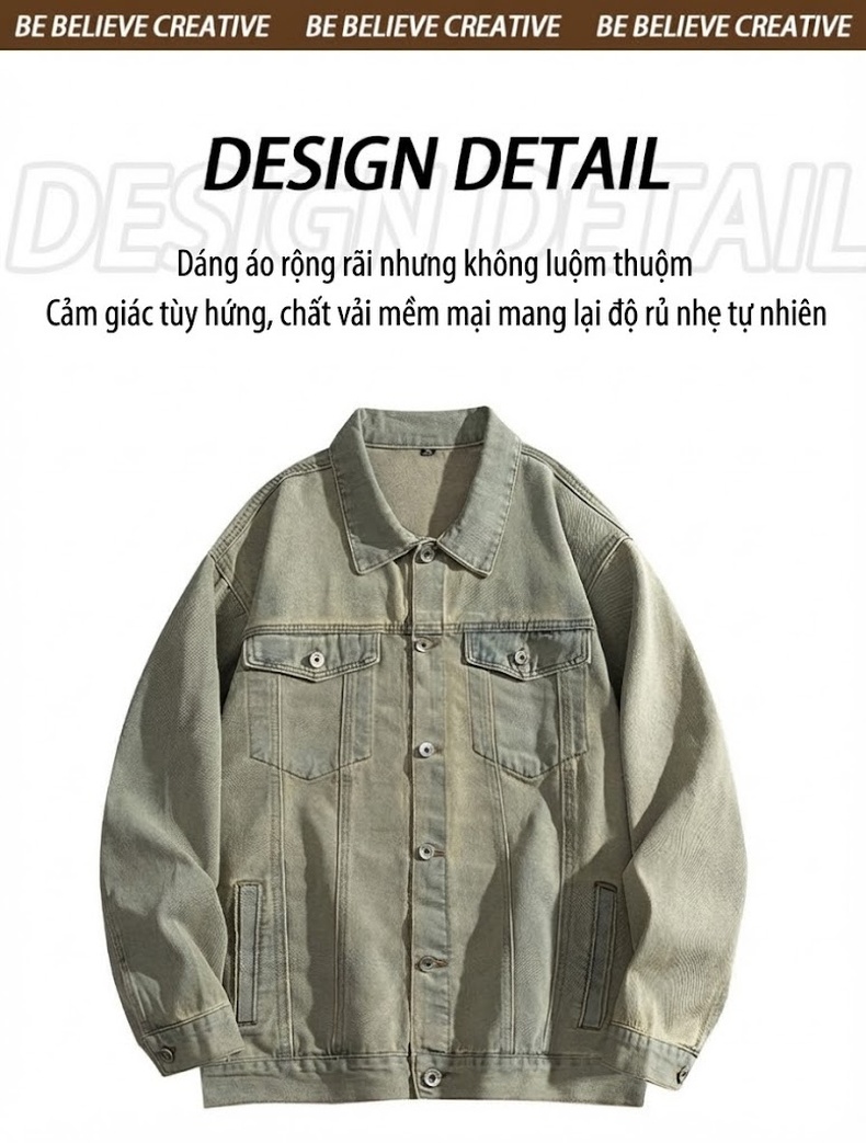 Áo Khoác Jean Nam Dài Tay Form Rộng Cổ Bẻ Màu Xanh Denim, Đen chi tiết 4