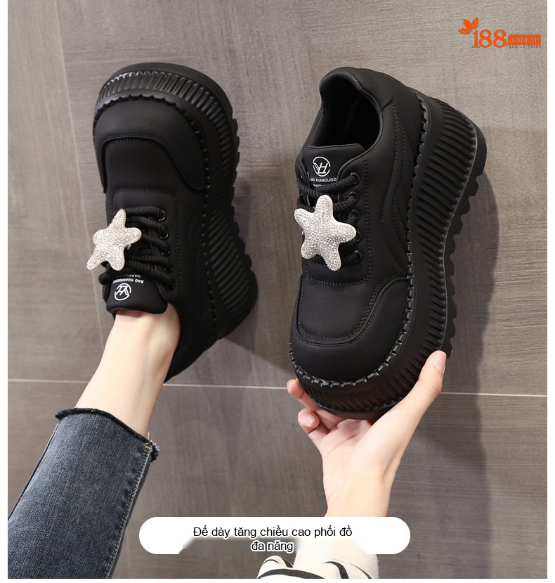 Giày Loafer Nữ Đế Bánh Mì Chiều Cao Đế 8cm Đính Đá Thời Trang Màu Đen, Trắng chi tiết 1