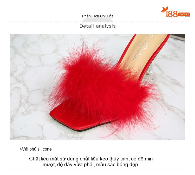 Dép Cao Gót Nữ Quai Ngang Mũi Vuông Đính Lông Chiều Cao Đế Khoảng 7cm Màu Đen, Hồng, Đỏ... chi tiết 12