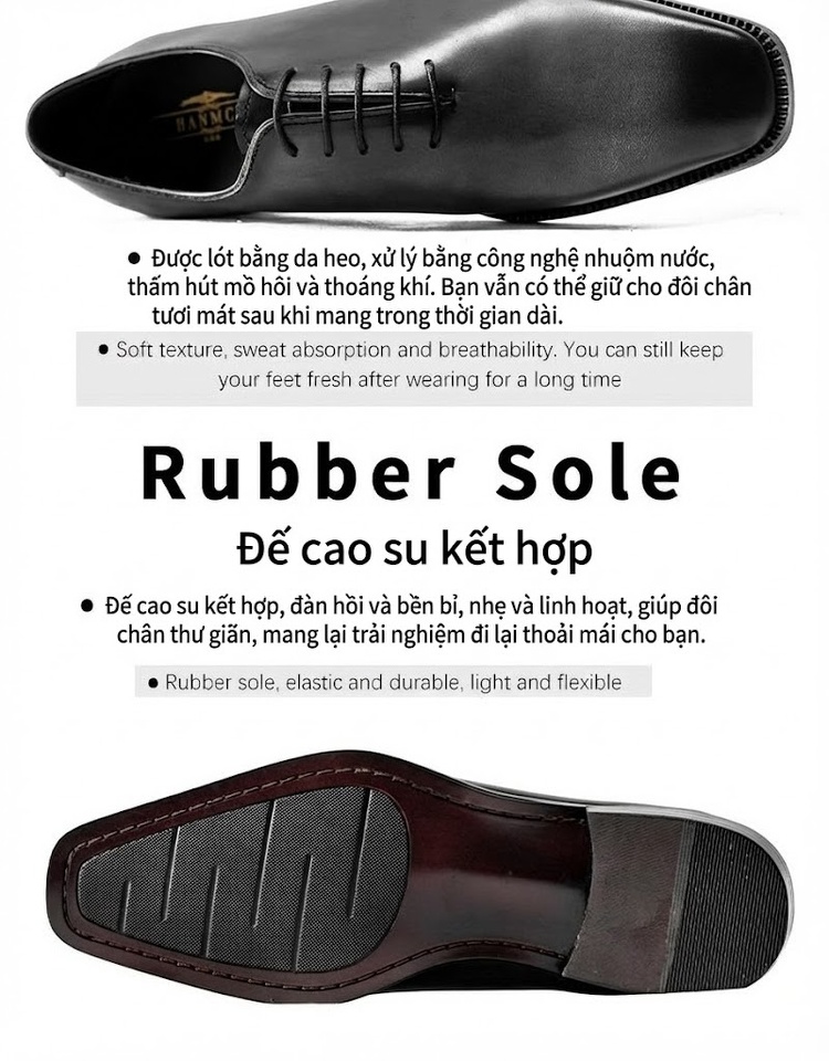 Giày Tây Buộc Dây Nam Da Bò Cao Cấp Chiều Cao Đế Khoảng 3cm Màu Đen chi tiết 11