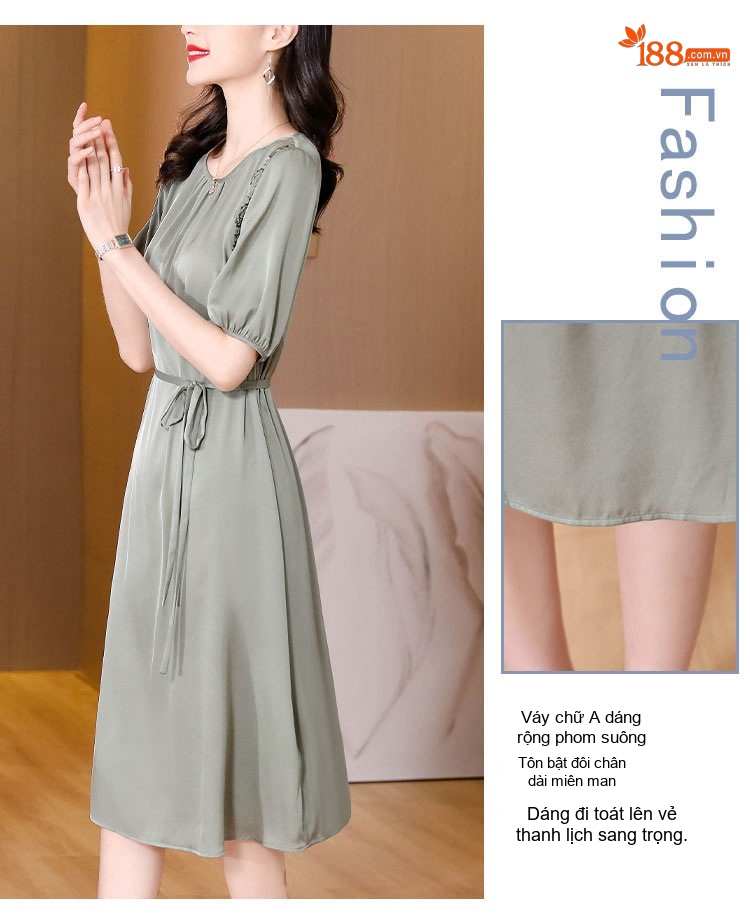 Váy Lụa Băng Nữ Thu Eo dáng chữ A Thanh Lịch Màu Xanh chi tiết 6