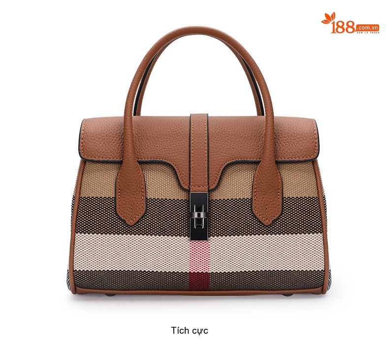 Túi Tote Nữ Da Bò Kết Hợp Vải Bố Họa Tiết Kẻ Sọc Thời Trang Màu Nâu Caramel chi tiết 12