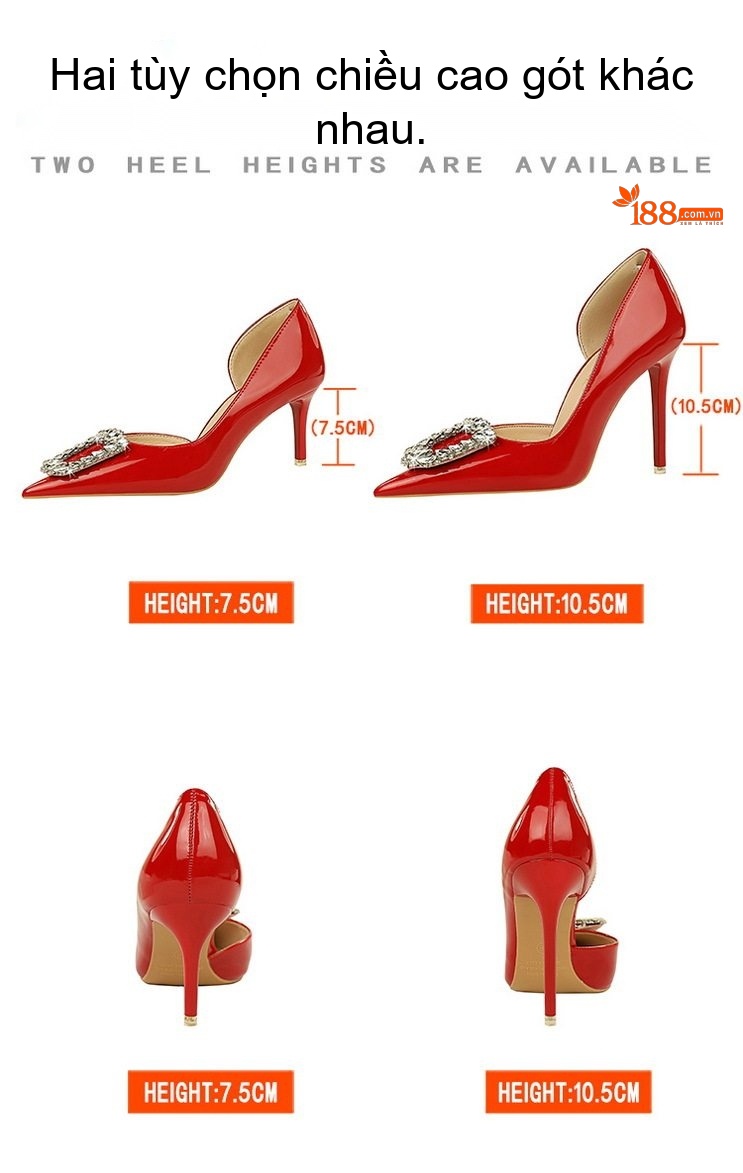 Giày Cao Gót Nữ Da Bóng Hở Bên Chiều Cao Đế Khoảng 7cm Đính Đá Màu Đỏ, Đen, Kem chi tiết 2