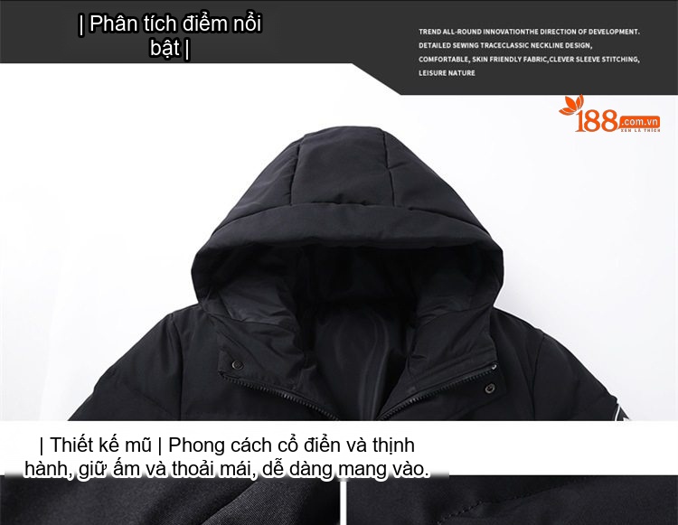 Áo Khoác Cotton Nam Dáng Dài Có Mũ Trùm Đầu Dày Dặn Giữ Ấm Phong Cách Thời Trang Màu Đen, Xanh Navy, Xanh Rêu chi tiết 9