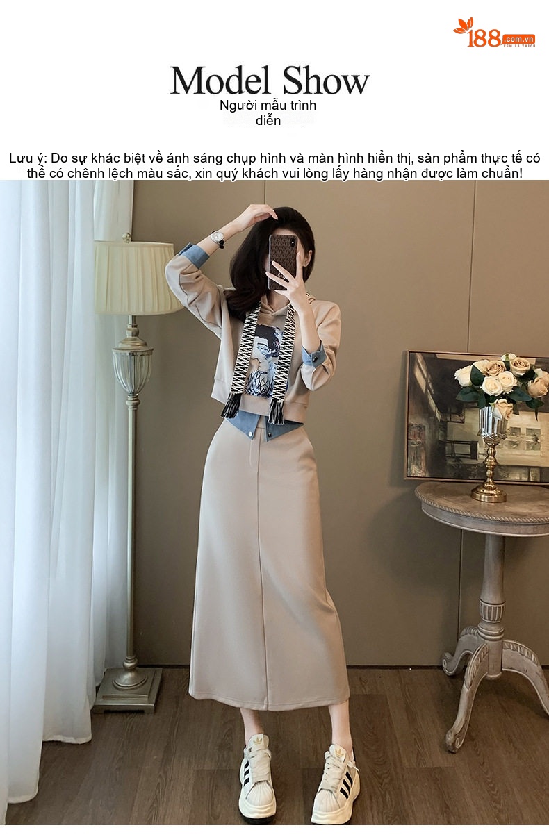 Set Bộ Áo Hoodie và Chân Váy Dáng Dài Nữ Lót Lông Dày Dặn Phong Cách Thời Trang Màu Be chi tiết 9