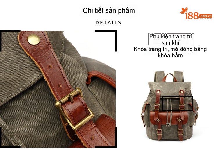Balo Đôi Nam Vải Canvas Đi Phượt Du Lịch Leo Núi Đựng Laptop Phối Da Thật Màu Xanh Rêu, Nâu, Xám, Đen... chi tiết 10
