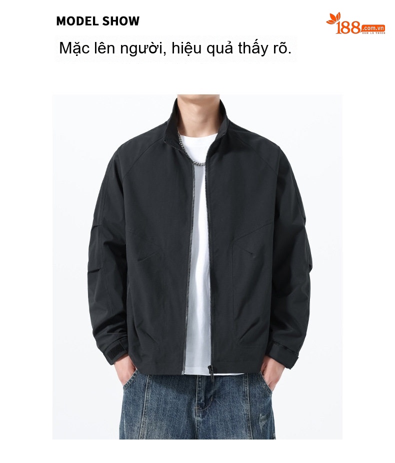 Áo Khoác Bomber Nam Cổ Trụ Phong Cách Công Sở Màu Đen, Kem, Xanh Rêu chi tiết 17
