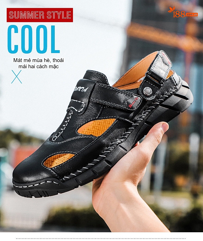 Dép Sandal Nam Da Thật Thoáng Khí Chiều Cao Đế Khoảng 3cm Màu Nâu, Đen chi tiết 1