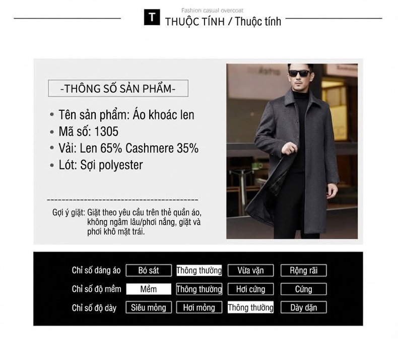 Áo Khoác Dạ Nam Lông Cừu Dài Dáng Suông Giữ Ấm Màu Xám, Đen chi tiết 25