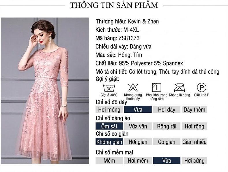Váy liền thân Nữ Lưới Thêu Hoa Đính Đá Chữ A Màu Hồng chi tiết 18