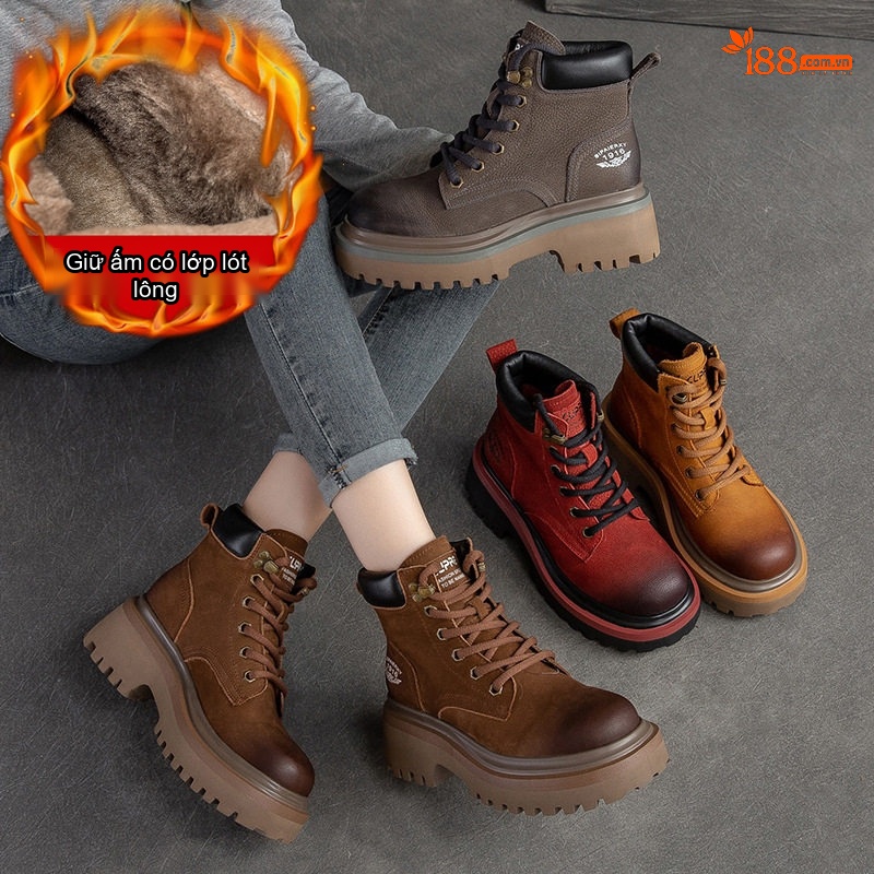 Giày Martin Nam Cổ Cao Lót Lông Giữ Ấm Phong Cách Biker Chiều Cao Đế Khoảng 5cm Màu Nâu, Đỏ, Xám...