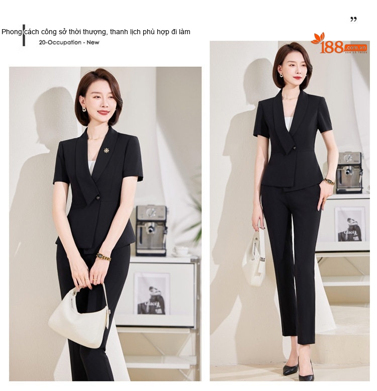 Bộ Vest Công Sở Nữ Tay Ngắn Dáng Lệch Màu Xám, Đen chi tiết 13