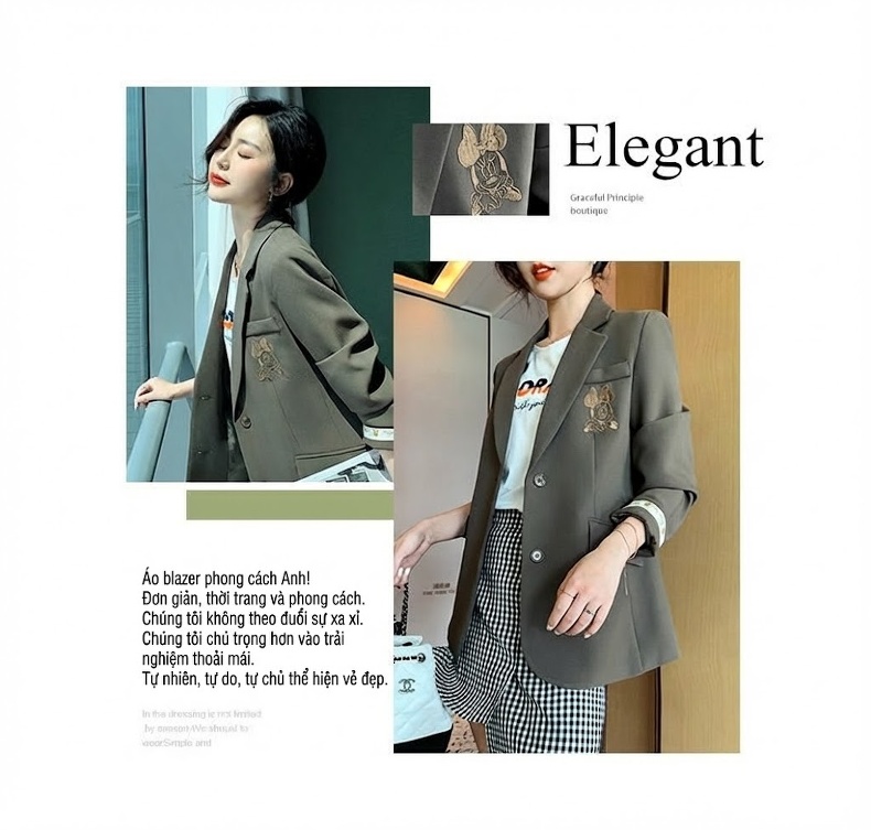 Áo Khoác Blazer Nữ Thêu Mickey Kiểu Hàn Quốc Màu Nâu chi tiết 2