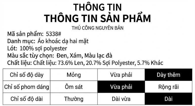 Áo Khoác Dạ Nam Hai Mặt Lông Cừu Dáng Dài Double Breasted Màu Nâu, Đen, Xám chi tiết 7