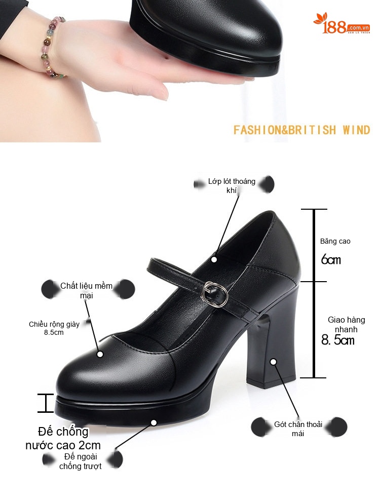Giày Cao Gót Nữ Da Bò Quai Ngang Chiều Cao Đế Khoảng 8cm Màu Đen chi tiết 1