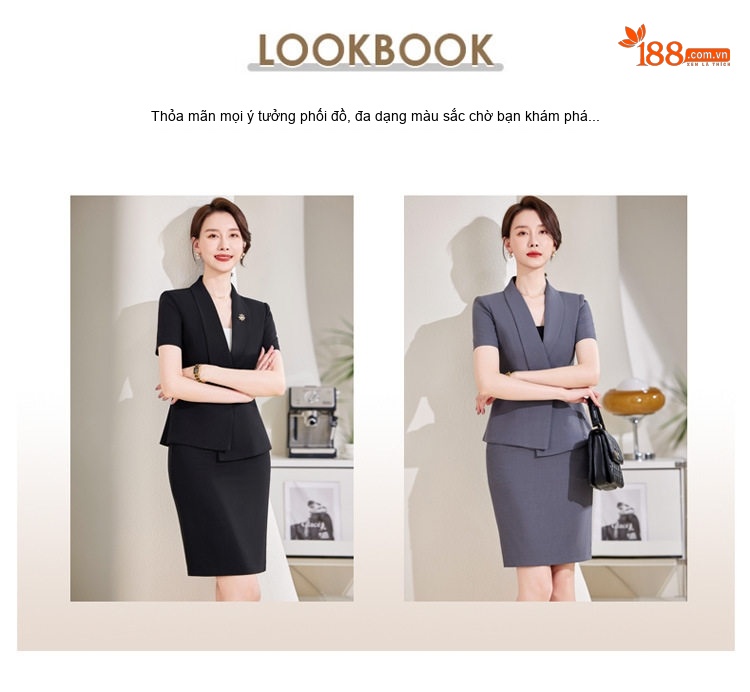 Bộ Vest Công Sở Nữ Tay Ngắn Dáng Lệch Màu Xám, Đen chi tiết 5