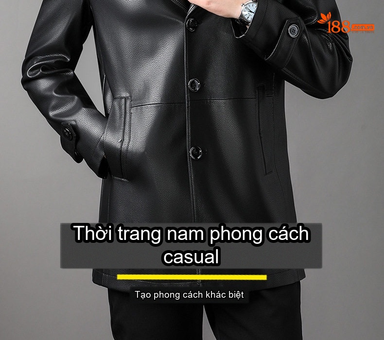 Áo Khoác Da Nam Dáng Dài Lót Lông Cừu Giả Cổ Điển Màu Đen chi tiết 2