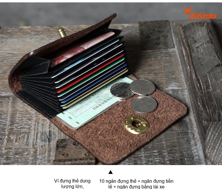 Ví Đựng Thẻ Da Bò Thật Dáng Ngang Mini Thủ Công Màu Nâu, Đen, Vàng chi tiết 10