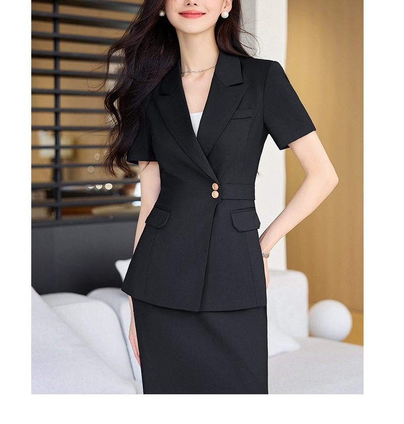 Bộ Vest Công Sở Nữ Tay Ngắn Áo Blazer Quần/Chân Váy Màu Xám, Đen, Xanh Dương chi tiết 29