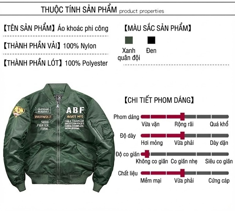 Áo Khoác Bomber Nam Thêu Hình Kiểu Phi Công MA1 Size Lớn Màu Xanh Rêu, Đen chi tiết 3