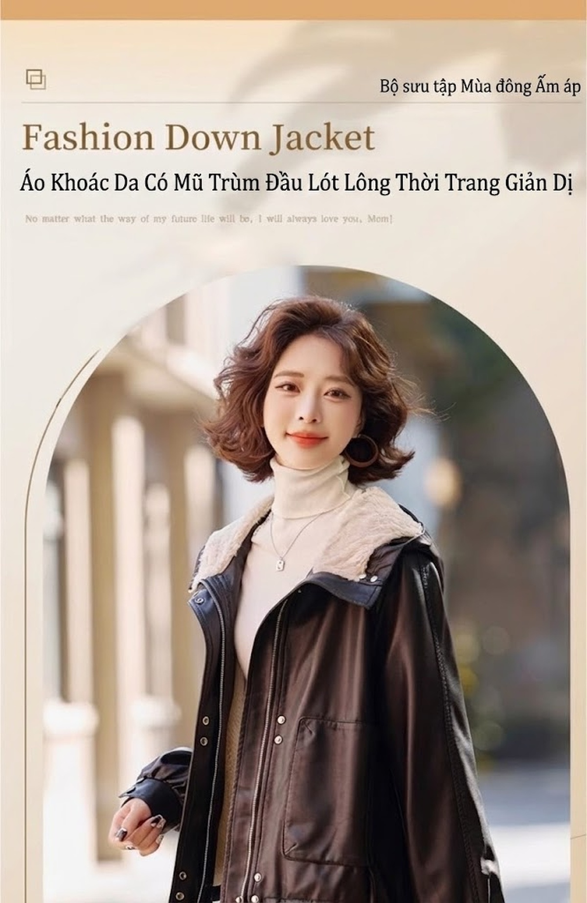 Áo Khoác Da Nữ Lót Lông Dày Dặn Có Mũ Trùm Đầu Dáng Ngắn Màu Đen chi tiết 3