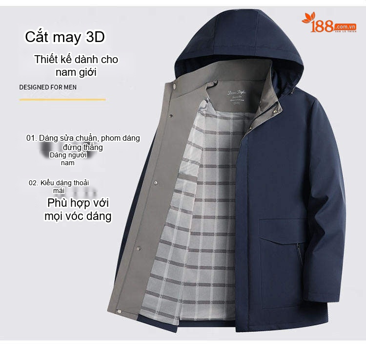 Áo Khoác Gió Nam Mỏng Nhẹ Có Mũ Trùm Đầu Phong Cách Business Casual Màu Đen, Xanh Navy, Be chi tiết 3
