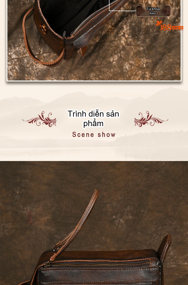 Túi Đựng Đồ Cá Nhân Du Lịch Đa Năng Da Thật Cầm Tay Nam Sức Chứa Lớn Phong Cách Cổ Điển Màu Nâu chi tiết 8