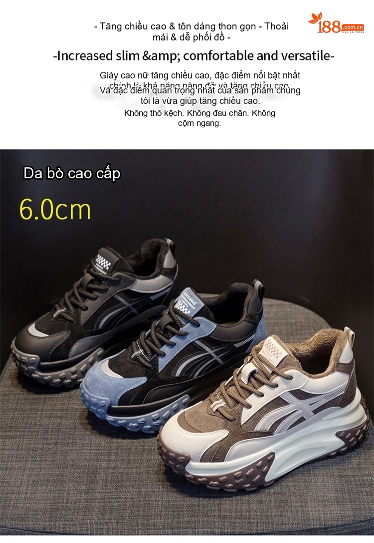 Giày Thể Thao Nữ Đế Dày Thời Trang Chiều Cao Đế Khoảng 5cm Màu Đen, Trắng, Nâu, Xám chi tiết 2