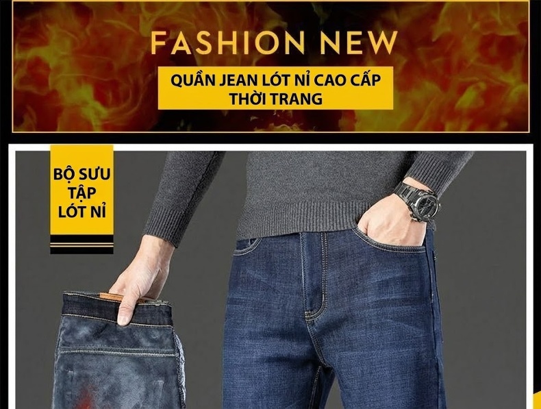 Quần Jean Nam Ống Đứng Lót Lông Dày Dặn Dáng Rộng Phong Cách Lịch Sự Màu Xanh, Đen chi tiết 3