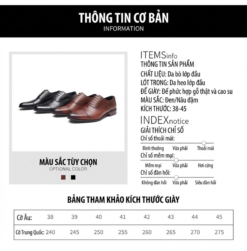 Giày Tây Buộc Dây Nam Da Bò Kiểu Oxford Chiều Cao Đế Khoảng 3cm Màu Đen, Nâu chi tiết 3