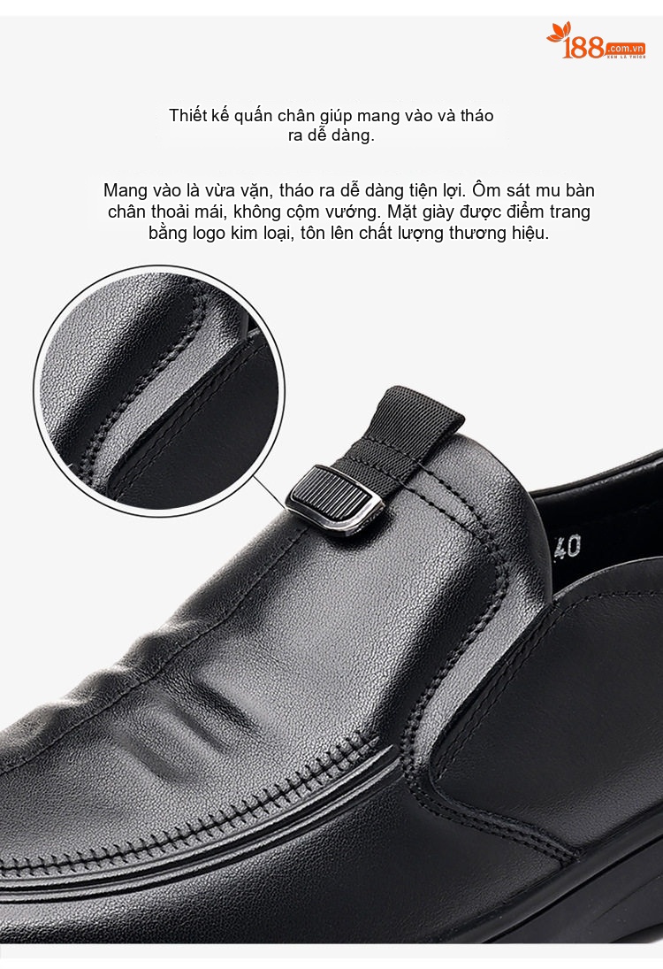 Giày Lười Nam Da Bò Chiều Cao Đế Khoảng 3cm Màu Đen chi tiết 7